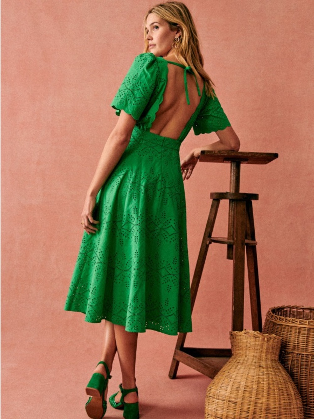 SEZANE NWT Green Floral Eyelet Embroidered Laser Cut Open Back Ladya Midi Dress - Picture 15 of 15